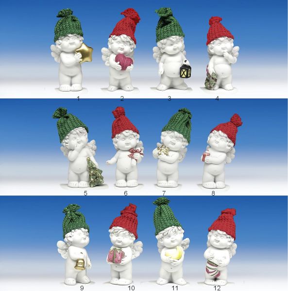 Weihnachtsengel Igor stehend mit bunter Pudelmütze